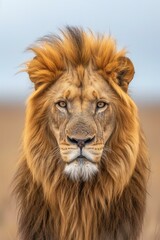 A close up of a lion looking straight ahead in the wild. Generative AI.