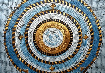 A circular design on a blue and gold mosaic tile. Generative AI.