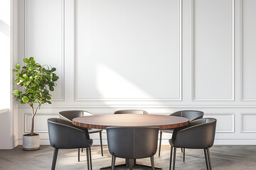 Interior Home Dining Room, Empty Wall Mockup In White Room With Dinning Table And Chairs, 3d Render Real Room Template