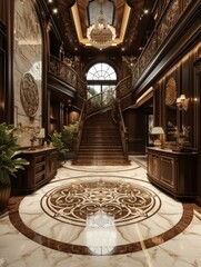 Fototapeta na wymiar A fancy looking foyer with marble floors and a chandelier. Generative AI.