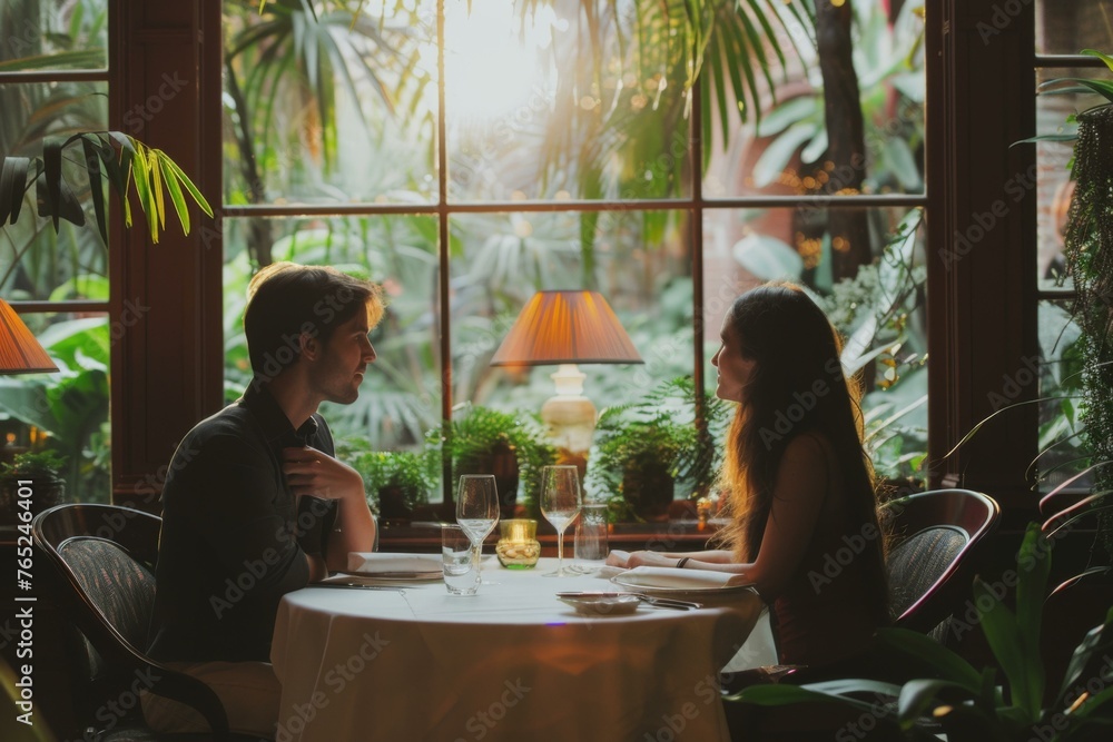 Aufkleber a couple sitting at a table in front of large windows. generative ai.