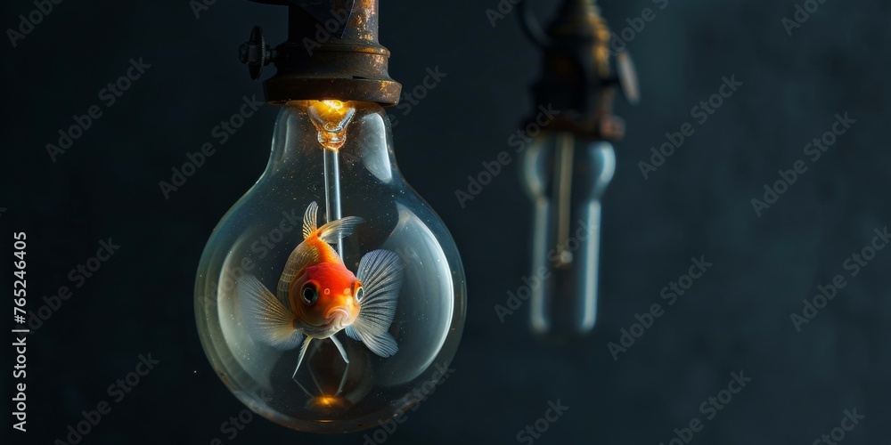Poster a light bulb with a goldfish inside of it hanging from the ceiling. generative ai.