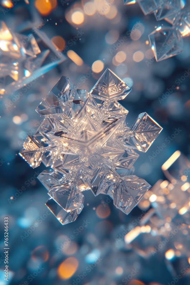 Poster a close up of a snowflake on top of some blue and white lights. generative ai.