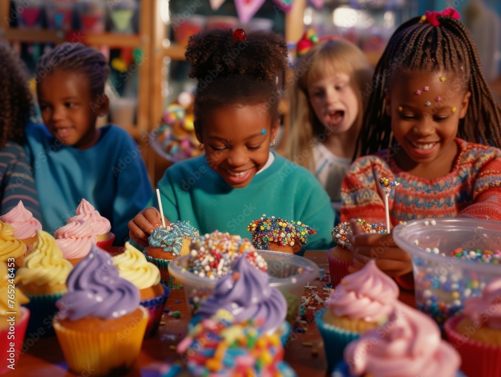 Poster a group of children are sitting around a table with cupcakes. generative ai.