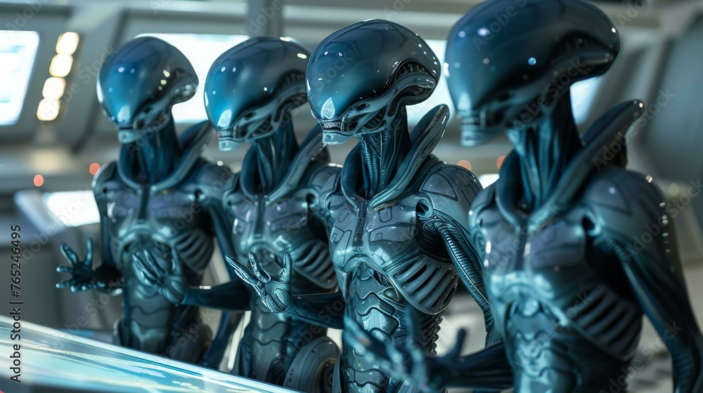 Poster a row of alien statues stand in a line on the floor. generative ai.