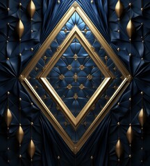 A blue and gold patterned wall with a golden frame. Generative AI.