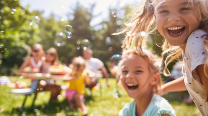 Children giggling and chasing bubbles while their parents enjoy a picnic spread of BBQ ribs and fresh summer salads with a lively childrens band performing in the background. - obrazy, fototapety, plakaty
