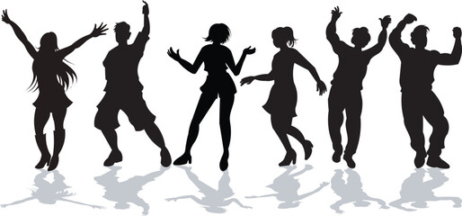 Silhouettes of a group of people dancing against a white backdrop. Vector illustration.