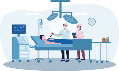 Surgeon and nurse perform an operation to the patient lying on the bed in surgery room in a hospital. Patient under Anesthesia on the operating table.