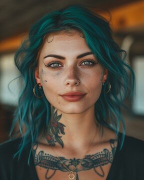 A woman with tattoos and blue hair posing for a picture. Generative AI.