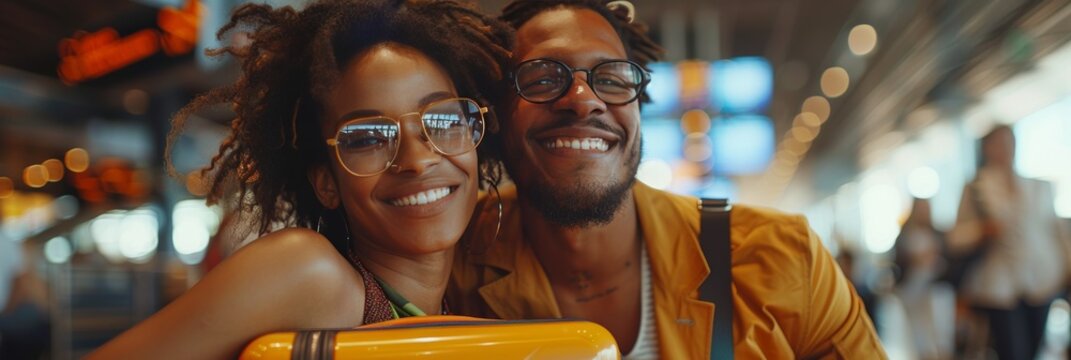 Content couple ready for international journey, sitting at airport with suitcases.