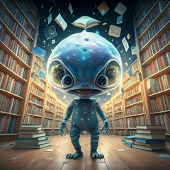 funny cute blue alien baby have learning, reading books in huge  library. Ai generated - 765246836