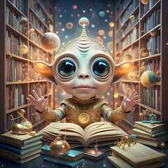 funny cute  alien baby have learning, reading books in library. Digital artwork. Ai generated - 765246859