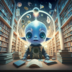 funny cute blue alien baby have learning, reading books in huge virtual library. Digital artwork.  Ai generated - 765246888
