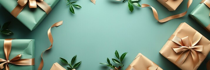 A green background with a circle of wrapped gifts wrapped in brown paper and tied with gold ribbon. There are greenery accents such as leaves and branches scattered throughout the frame. - obrazy, fototapety, plakaty