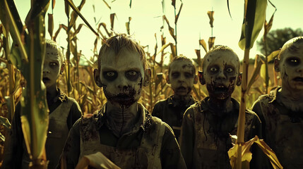 Walking dead zombie children in a corn field. Horror scene on Halloween.