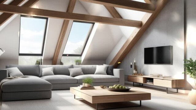 3D rendering. Gray loft living room interior with sofa.