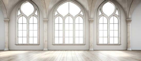 A close-up view of a room featuring three spacious windows and a beautiful wooden floor