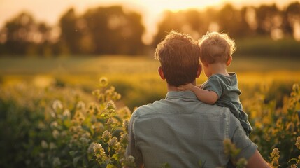 happy family concept of of relaxing father picture holding kid over shoulder walking in green field in the morning sunrise.