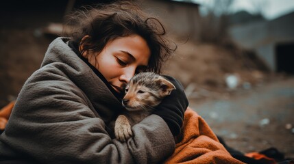 Young woman volunteer and her ward puppy from the shelter, care concept, banner - obrazy, fototapety, plakaty