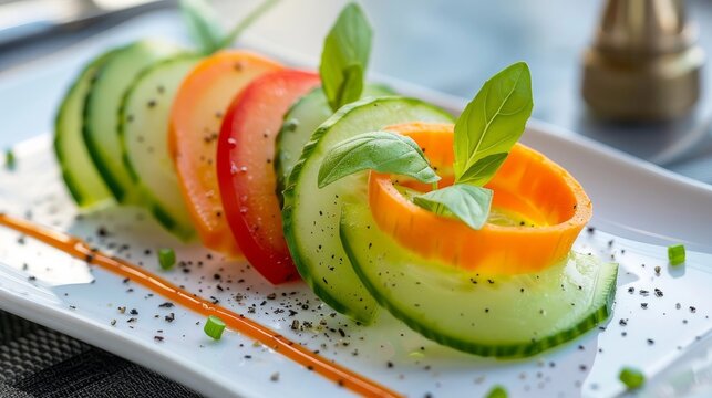 There is a snack consisting of cucumber, carrot, and pepper served on a white dish in a restaurant.