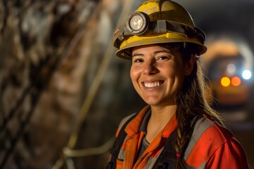 Smiling Woman Worker Underground Mining, Work Environment, Safety Gear, Tools, Industrial Equipment, Mining Industry, Coal Mining