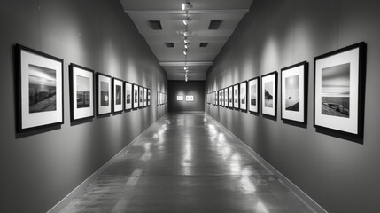 A series of black and white photographs each with a single subject line the walls of this minimalist art exhibit drawing the viewers . AI generation.