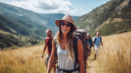 group hiking in the mountains in summer
