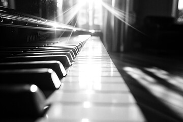 Grayscale classical ivory piano keys, light rays streaming in from a window, high contrast - obrazy, fototapety, plakaty