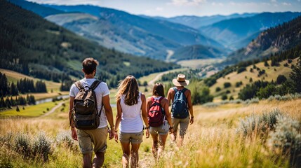 group hiking in the mountains in summer