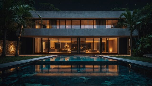 a residence with a surreal architectural style, tropical forest, swimming pool