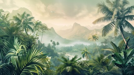 Beautiful tropical landscape with palm trees and tropical leaves wallpaper. Hand Drawn Design....