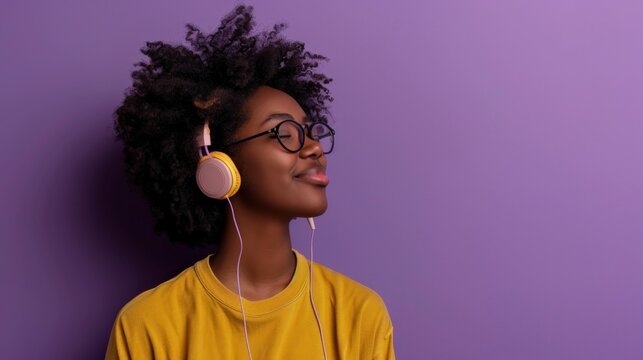 beautiful brunette woman with curly hair listening to music with headphones on purple background