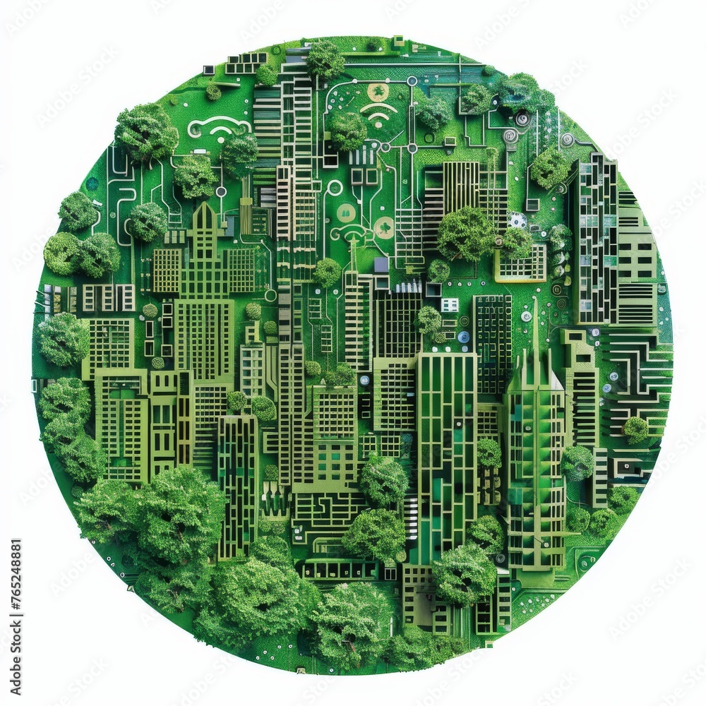 Poster a conceptual image representing sustainable technology, merging a verdant forest with circuit board 