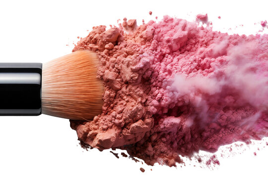 Macro pink powder blowing from brush make up, isolated object cutout on transparent background