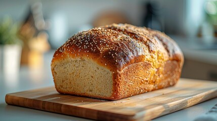 A fresh baked loaf of homemade bread on a kitchen counter.  - obrazy, fototapety, plakaty
