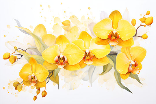 Bouquet of yellow orchids, splashes of paint, painted in watercolor on white background, spring.