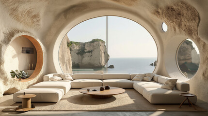Modern interior design of a Mediterranean living room. Cutting-edge architecture, stone wall,...