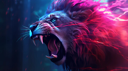 Roaring Dangerous Angry Aggressive Hunting Lion Animal Plexus Neon Black Background Digital Desktop Wallpaper HD 4k Network Light Glowing Laser Motion Bright Abstract