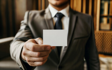 Unrecognizable Businessman showing blank white business card, closeup