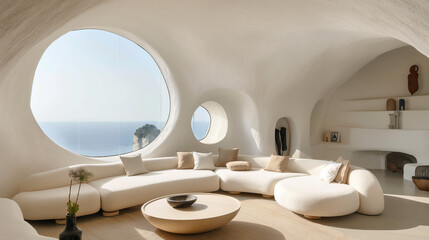 Modern interior design of a Mediterranean living room. Cutting-edge architecture, stone wall, arched window, decoration with minimalist furniture with a pastel color palette.