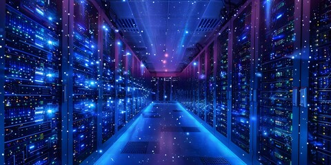 Illuminated server room of a data tech company with rows of servers and cables. Concept Server Room, Data Tech Company, Illuminated, Rows of Servers, Cables