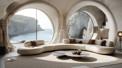 Modern interior design of a Mediterranean living room. Cutting-edge architecture, stone wall,...