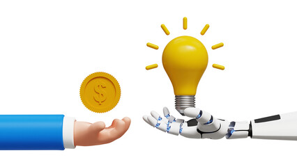 Discover opportunity. Get brilliant idea by AI. Make money with AI concept. 3D artificial intelligence robot hand holding bright idea lightbulb and human hand holding golden coin - obrazy, fototapety, plakaty