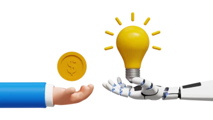 Foto op Plexiglas Discover opportunity. Get brilliant idea by AI. Make money with AI concept. 3D artificial intelligence robot hand holding bright idea lightbulb and human hand holding golden coin © DETHAL