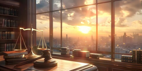 Legal concept symbols gavel law books scales of justice and a lawyers office with a view. Concept Legal Concepts, Gavel, Law Books, Scales of Justice, Lawyers Office View - obrazy, fototapety, plakaty