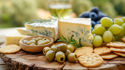 A closeup of assorted cheeses olives and crackers on a rustic wooden ting board at a vineyard...