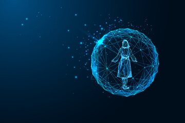 Woman silhouette inside of luminous sphere. Immersive experiences futuristic concept 