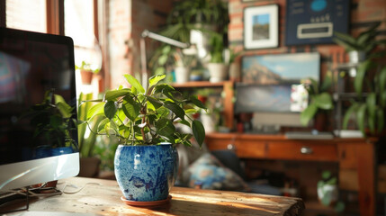The artists desk is adorned with a single potted plant providing a natural element that adds warmth to this otherwise industrialchic . AI generation.