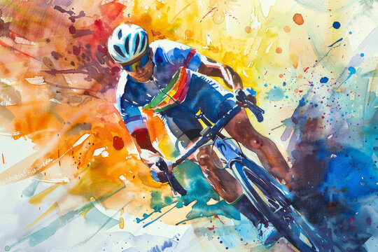 Dynamic watercolor painting of a cyclist. International Day of Sport for Development and Peace
